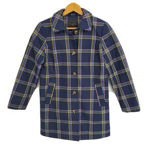 New Talbots Womens A Line Plaid Mac Jacket Button Front Navy Size Petite P